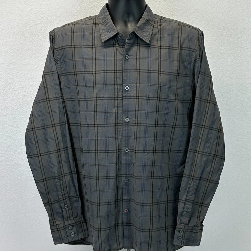 John Varvatos USA Shirt Mens Medium Gray Plaid Modern Long Sleeve Button Up